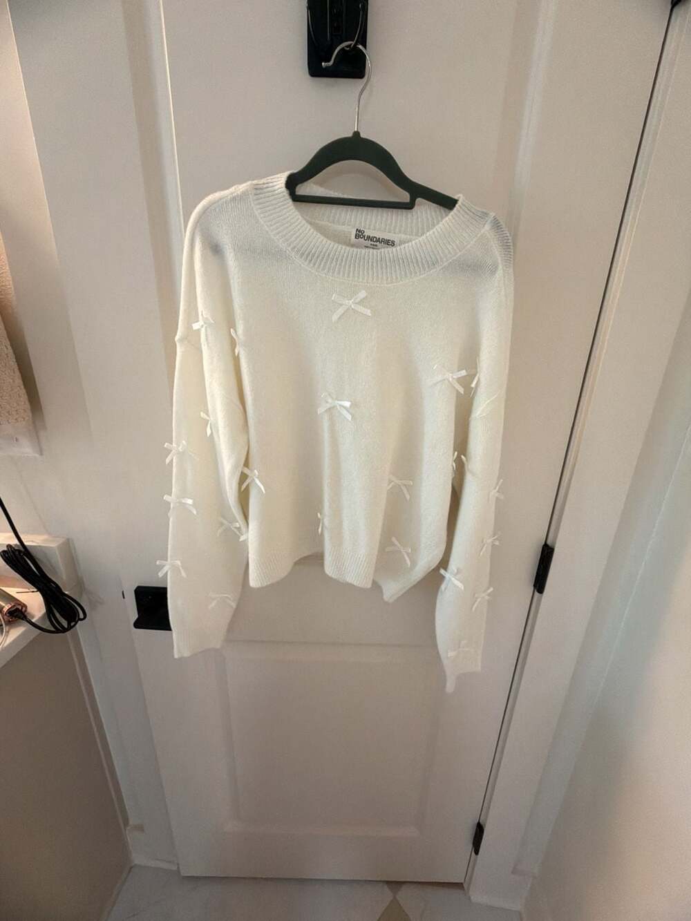 No Boundaries White Bow Detail Crewneck Sweater